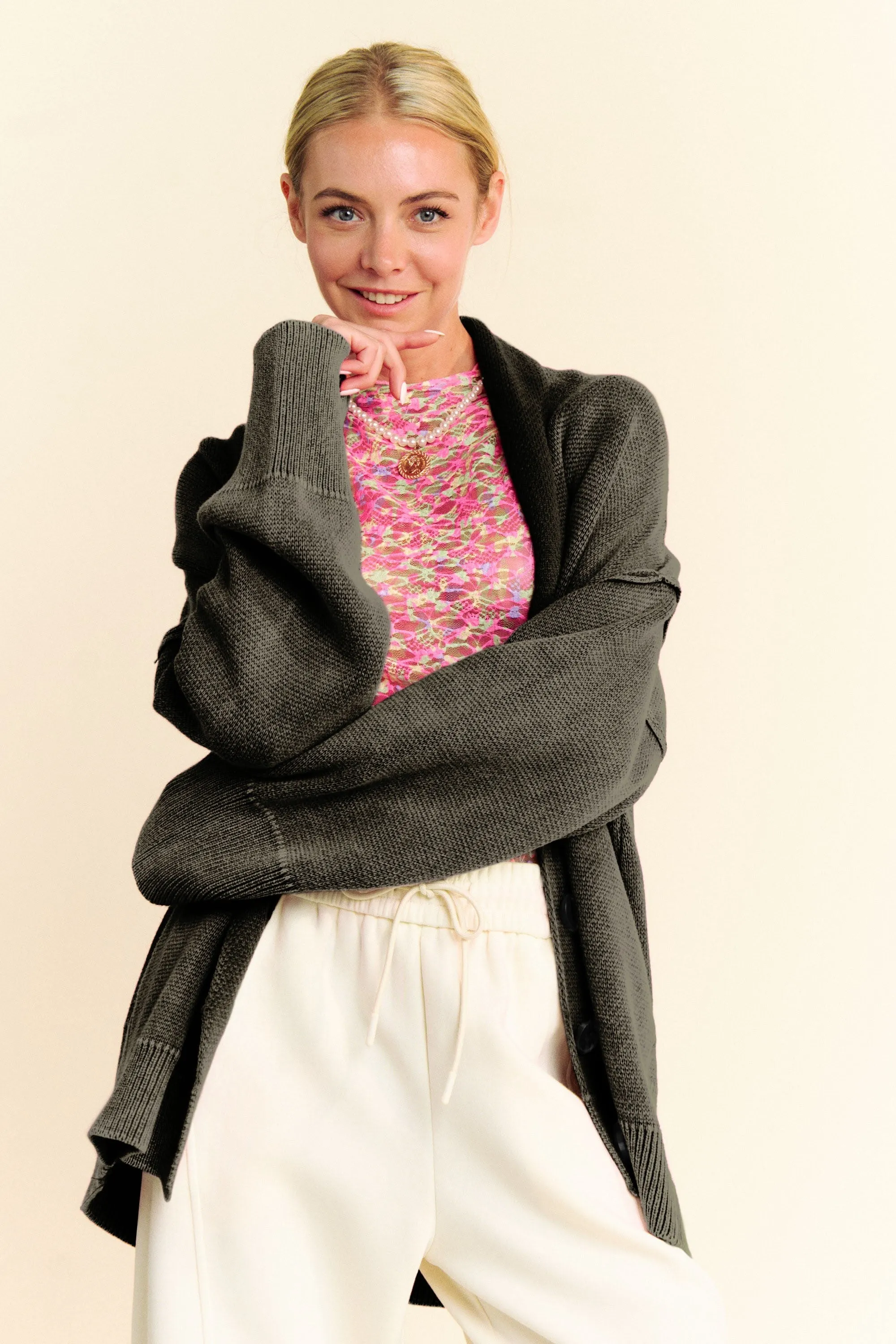 Oversized Button-Up Cotton Cardigan