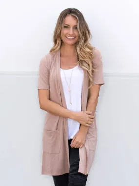 Short Sleeve Pocket Cardigan; Tan